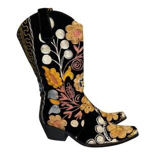 Boho Floral Embroidered Cowgirl Statement Boots Velvet Western Festival EU 42
